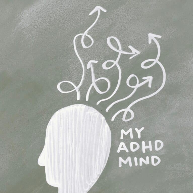 Explaining ADHD: a chalkboard drawing of a head with squiggly arrows going out if it, and text that says "My ADHD mind".